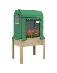 Outsunny Wooden Planter Box with PE Greenhouse Cover and Bed Liner, Raised Garden Bed for Vegetables, Flowers, Herbs