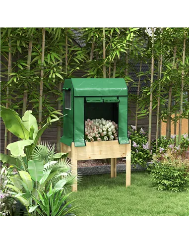 Outsunny Wooden Planter Box with PE Greenhouse Cover and Bed Liner, Raised Garden Bed for Vegetables, Flowers, Herbs