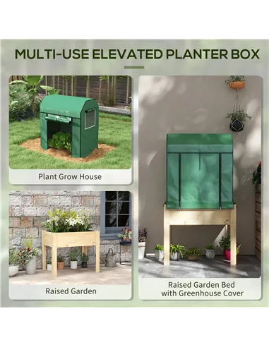 Outsunny Wooden Planter Box with PE Greenhouse Cover and Bed Liner, Raised Garden Bed for Vegetables, Flowers, Herbs