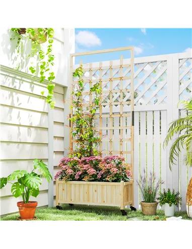 Outsunny Wooden Trellis Planter, Raised Garden Bed with Wheels, to Climb and Grow Vegetables, Herbs and Flowers, Natural