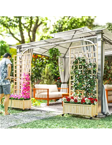 Outsunny Wooden Trellis Planter, Raised Garden Bed with Wheels, to Climb and Grow Vegetables, Herbs and Flowers, Natural