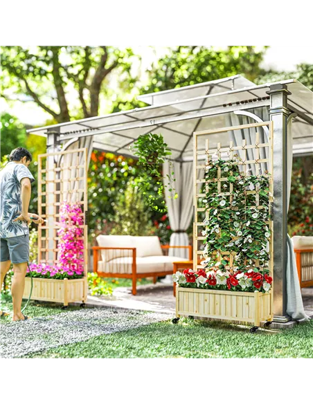 Outsunny Wooden Trellis Planter, Raised Garden Bed with Wheels, to Climb and Grow Vegetables, Herbs and Flowers, Natural