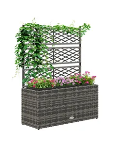Outsunny 33L Garden PE Rattan Planter with Trellis, Free Standing Flower Raised Bed for Garden, Garden Planter for Climbing Plan