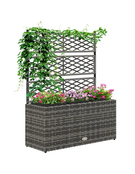 Outsunny 33L Garden PE Rattan Planter with Trellis, Free Standing Flower Raised Bed for Garden, Garden Planter for Climbing Plan