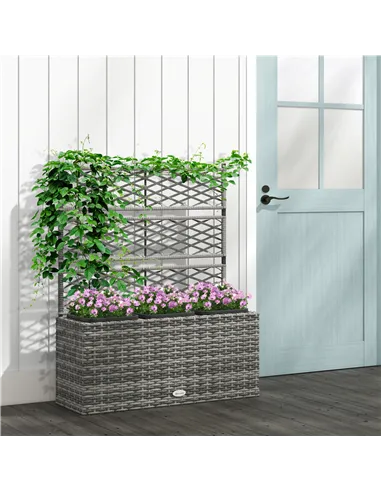 Outsunny 33L Garden PE Rattan Planter with Trellis, Free Standing Flower Raised Bed for Garden, Garden Planter for Climbing Plan