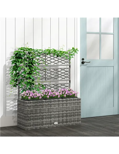 Outsunny 33L Garden PE Rattan Planter with Trellis, Free Standing Flower Raised Bed for Garden, Garden Planter for Climbing Plan