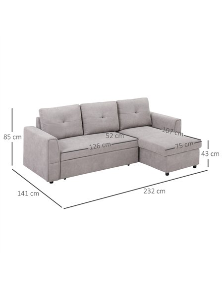 HOMCOM Linen-Look 'L' Storage Sofa Bed - Light Grey