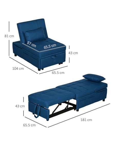 HOMCOM Convertible Chair Bed with Padding Seat, 4-in-1 Multi-Functional Sleeper Sofa Bed, Recliner with Adjustable Backrest, Sid