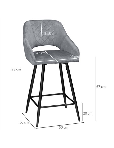 HOMCOM Bar Stools Set of 2, Velvet-Touch Fabric Counter Height Bar Chairs, Kitchen Stools with Steel Legs for Dining Area, Kitch