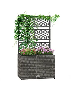 Outsunny 22 L Rattan Planter with Trellis, Freestanding Raised Beds for Garden with Two Plant Boxes, Outdoor Planter for Climbin