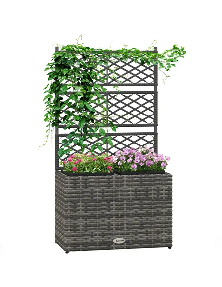 Outsunny 22 L Rattan Planter with Trellis, Freestanding Raised Beds for Garden with Two Plant Boxes, Outdoor Planter for Climbin