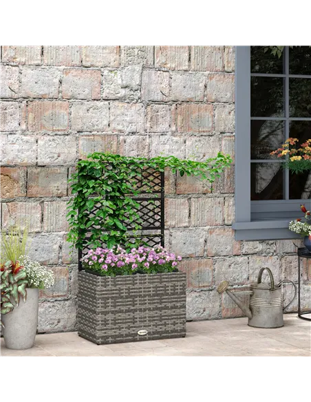 Outsunny 22 L Rattan Planter with Trellis, Freestanding Raised Beds for Garden with Two Plant Boxes, Outdoor Planter for Climbin