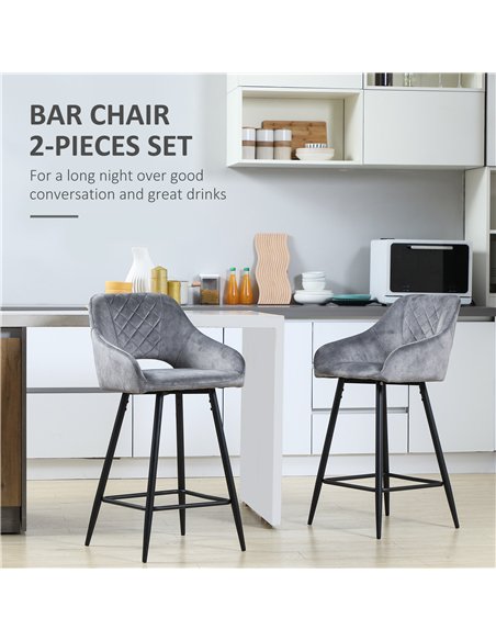 HOMCOM Bar Stools Set of 2, Velvet-Touch Fabric Counter Height Bar Chairs, Kitchen Stools with Steel Legs for Dining Area, Kitch