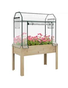 Outsunny Wooden Planter Box with Greenhouse Cover and Bed Liner, Raised Garden Bed for Vegetables, Flowers, Herbs
