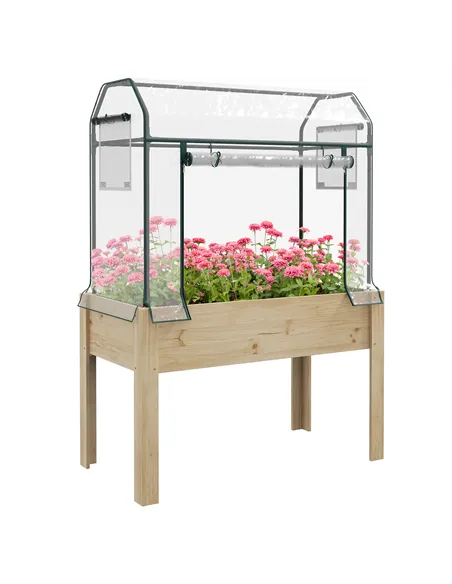Outsunny Wooden Planter Box with Greenhouse Cover and Bed Liner, Raised Garden Bed for Vegetables, Flowers, Herbs