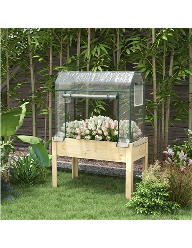 Outsunny Wooden Planter Box with Greenhouse Cover and Bed Liner, Raised Garden Bed for Vegetables, Flowers, Herbs