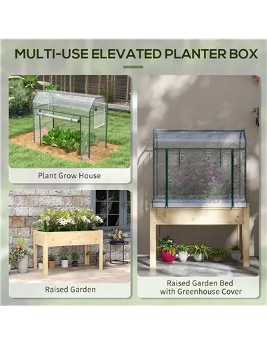 Outsunny Wooden Planter Box with Greenhouse Cover and Bed Liner, Raised Garden Bed for Vegetables, Flowers, Herbs