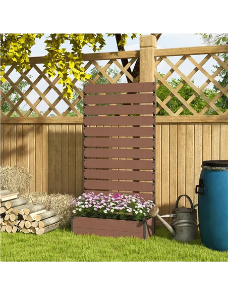 Outsunny Raised Bed for Garden, Planter with Trellis for Climbing Plants, Vines, Planter Box with Drainage Gap, Light Brown
