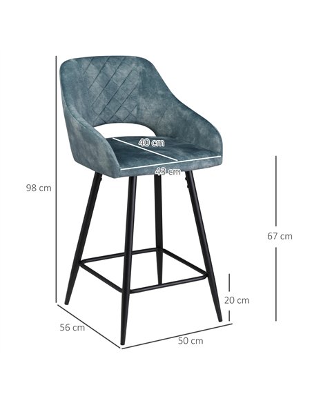 HOMCOM Bar Stools Set of 2, Velvet-Touch Fabric Counter Height Bar Chairs, Kitchen Stools with Steel Legs for Dining Area, Kitch