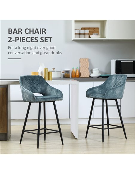HOMCOM Bar Stools Set of 2, Velvet-Touch Fabric Counter Height Bar Chairs, Kitchen Stools with Steel Legs for Dining Area, Kitch