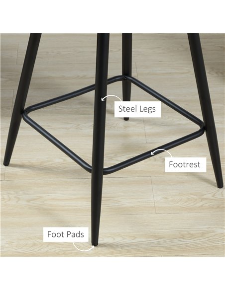 HOMCOM Bar Stools Set of 2, Velvet-Touch Fabric Counter Height Bar Chairs, Kitchen Stools with Steel Legs for Dining Area, Kitch