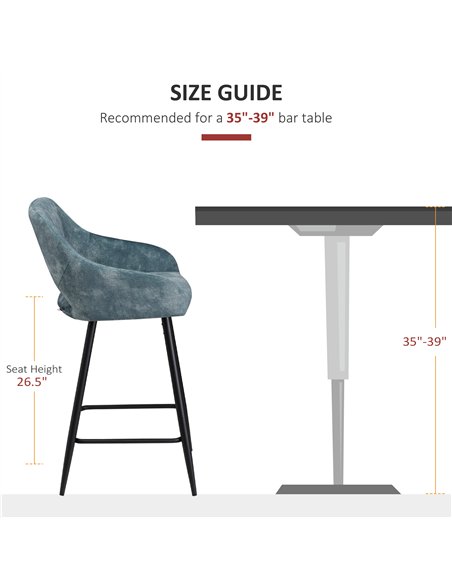 HOMCOM Bar Stools Set of 2, Velvet-Touch Fabric Counter Height Bar Chairs, Kitchen Stools with Steel Legs for Dining Area, Kitch