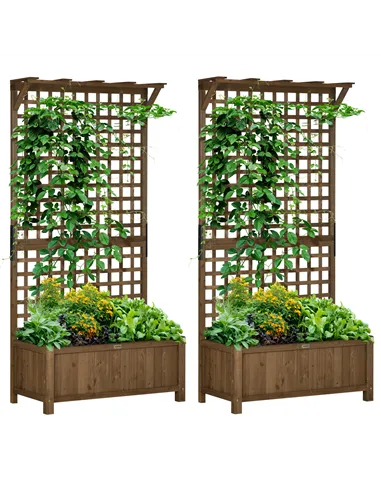 Outsunny 2 Pcs Raised Bed with Drainage Holes, Wood Planter with Trellis for Climbing Plants to Grow Vegetables, Flowers, Brown