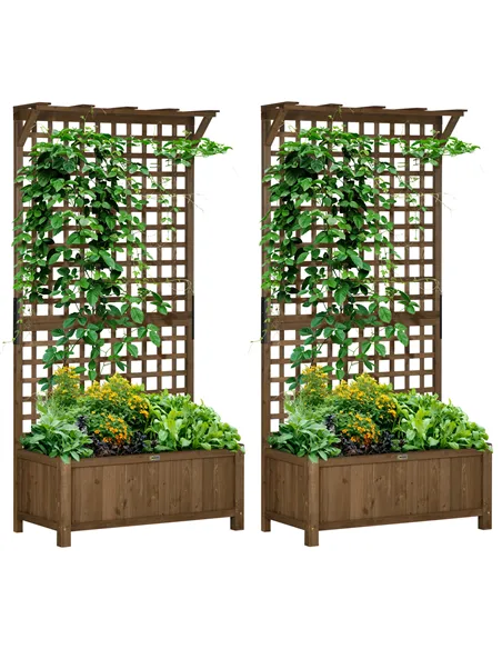 Outsunny 2 Pcs Raised Bed with Drainage Holes, Wood Planter with Trellis for Climbing Plants to Grow Vegetables, Flowers, Brown
