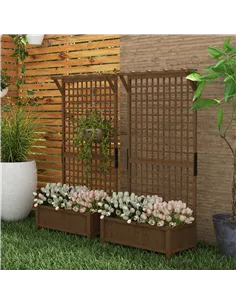 Outsunny 2 Pcs Raised Bed with Drainage Holes, Wood Planter with Trellis for Climbing Plants to Grow Vegetables, Flowers, Brown 2