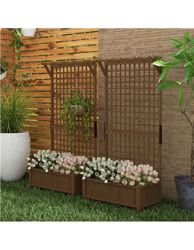 Outsunny 2 Pcs Raised Bed with Drainage Holes, Wood Planter with Trellis for Climbing Plants to Grow Vegetables, Flowers, Brown