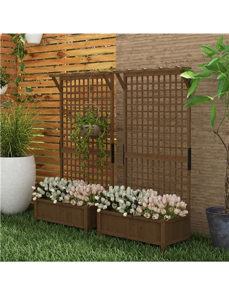 Outsunny 2 Pcs Raised Bed with Drainage Holes, Wood Planter with Trellis for Climbing Plants to Grow Vegetables, Flowers, Brown