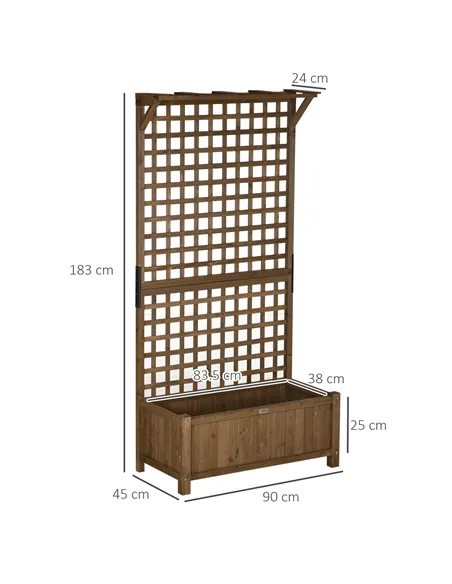 Outsunny 2 Pcs Raised Bed with Drainage Holes, Wood Planter with Trellis for Climbing Plants to Grow Vegetables, Flowers, Brown