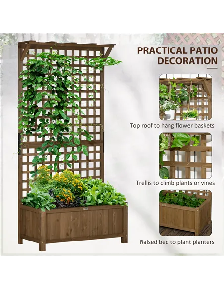 Outsunny 2 Pcs Raised Bed with Drainage Holes, Wood Planter with Trellis for Climbing Plants to Grow Vegetables, Flowers, Brown