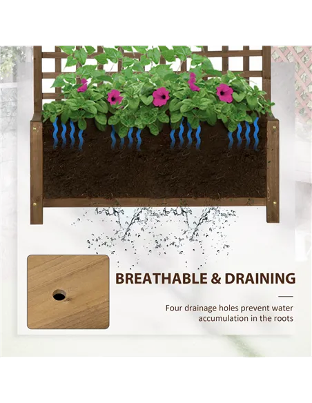 Outsunny 2 Pcs Raised Bed with Drainage Holes, Wood Planter with Trellis for Climbing Plants to Grow Vegetables, Flowers, Brown