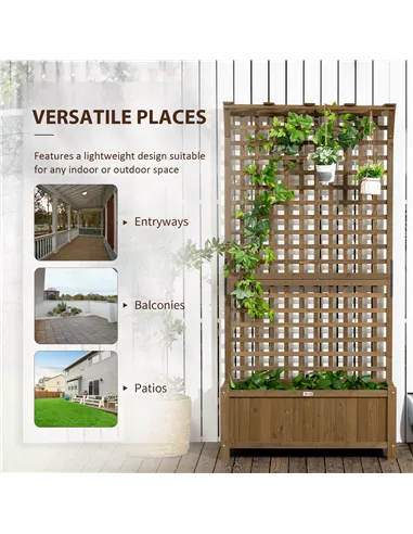 Outsunny 2 Pcs Raised Bed with Drainage Holes, Wood Planter with Trellis for Climbing Plants to Grow Vegetables, Flowers, Brown