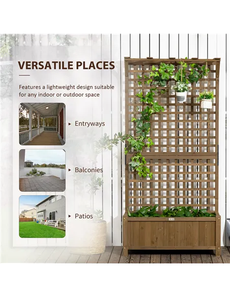 Outsunny 2 Pcs Raised Bed with Drainage Holes, Wood Planter with Trellis for Climbing Plants to Grow Vegetables, Flowers, Brown