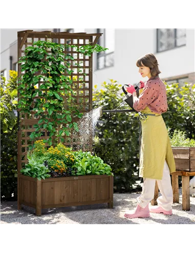 Outsunny 2 Pcs Raised Bed with Drainage Holes, Wood Planter with Trellis for Climbing Plants to Grow Vegetables, Flowers, Brown