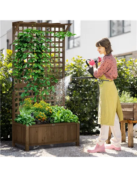 Outsunny 2 Pcs Raised Bed with Drainage Holes, Wood Planter with Trellis for Climbing Plants to Grow Vegetables, Flowers, Brown