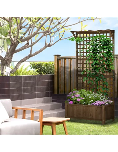 Outsunny 2 Pcs Raised Bed with Drainage Holes, Wood Planter with Trellis for Climbing Plants to Grow Vegetables, Flowers, Brown