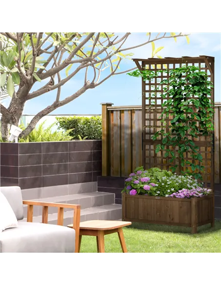 Outsunny 2 Pcs Raised Bed with Drainage Holes, Wood Planter with Trellis for Climbing Plants to Grow Vegetables, Flowers, Brown