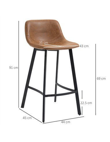 HOMCOM Bar Stools Set of 2, PU Leather Kitchen Stools, Upholstered Breakfast Bar Chairs with Backrest, Steel Legs for Home, Dini