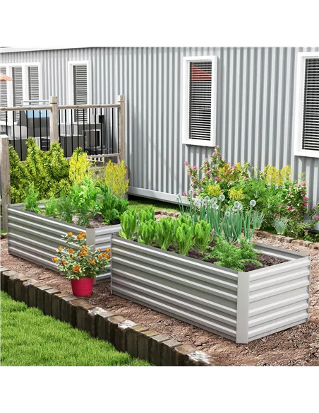 Outsunny Set of 2 Raised Beds for Garden, Galvanised Steel Outdoor Planters with Multi-reinforced Rods for Vegetables, Plants, F