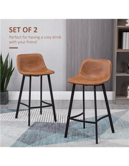 HOMCOM Bar Stools Set of 2, PU Leather Kitchen Stools, Upholstered Breakfast Bar Chairs with Backrest, Steel Legs for Home, Dini