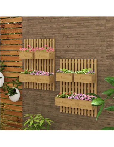 Outsunny Set of 2 Wall-mounted Wooden Garden Planters with Trellis, Drainage Holes and Movable Planter Boxes, Wall Raised Garden