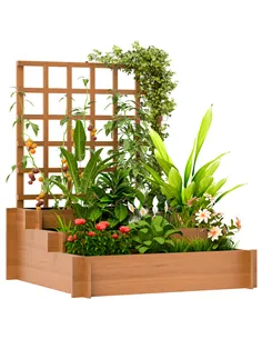 Outsunny 3 Tier Garden Planters with Trellis for Vine Climbing, Wooden Raised Beds, 95x95x110cm, Brown