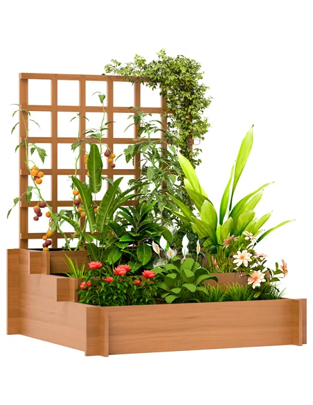 Outsunny 3 Tier Garden Planters with Trellis for Vine Climbing, Wooden Raised Beds, 95x95x110cm, Brown