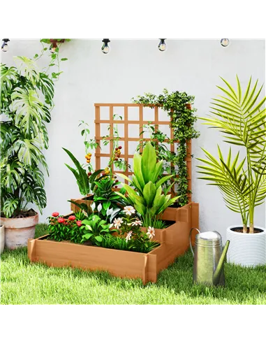 Outsunny 3 Tier Garden Planters with Trellis for Vine Climbing, Wooden Raised Beds, 95x95x110cm, Brown
