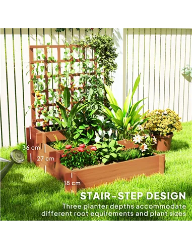 Outsunny 3 Tier Garden Planters with Trellis for Vine Climbing, Wooden Raised Beds, 95x95x110cm, Brown