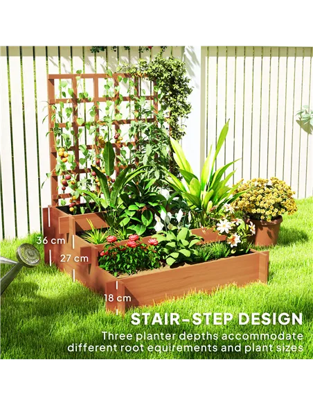 Outsunny 3 Tier Garden Planters with Trellis for Vine Climbing, Wooden Raised Beds, 95x95x110cm, Brown