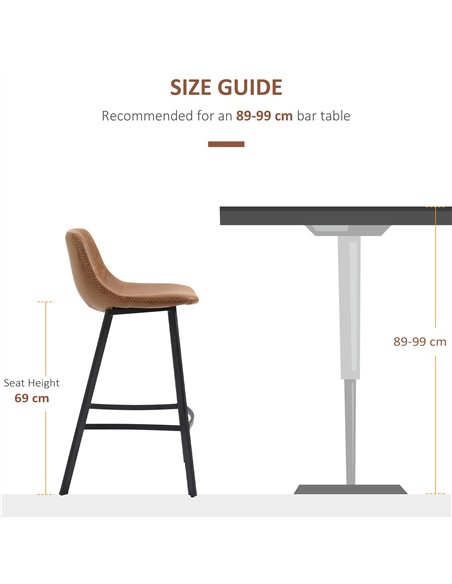 HOMCOM Bar Stools Set of 2, PU Leather Kitchen Stools, Upholstered Breakfast Bar Chairs with Backrest, Steel Legs for Home, Dini